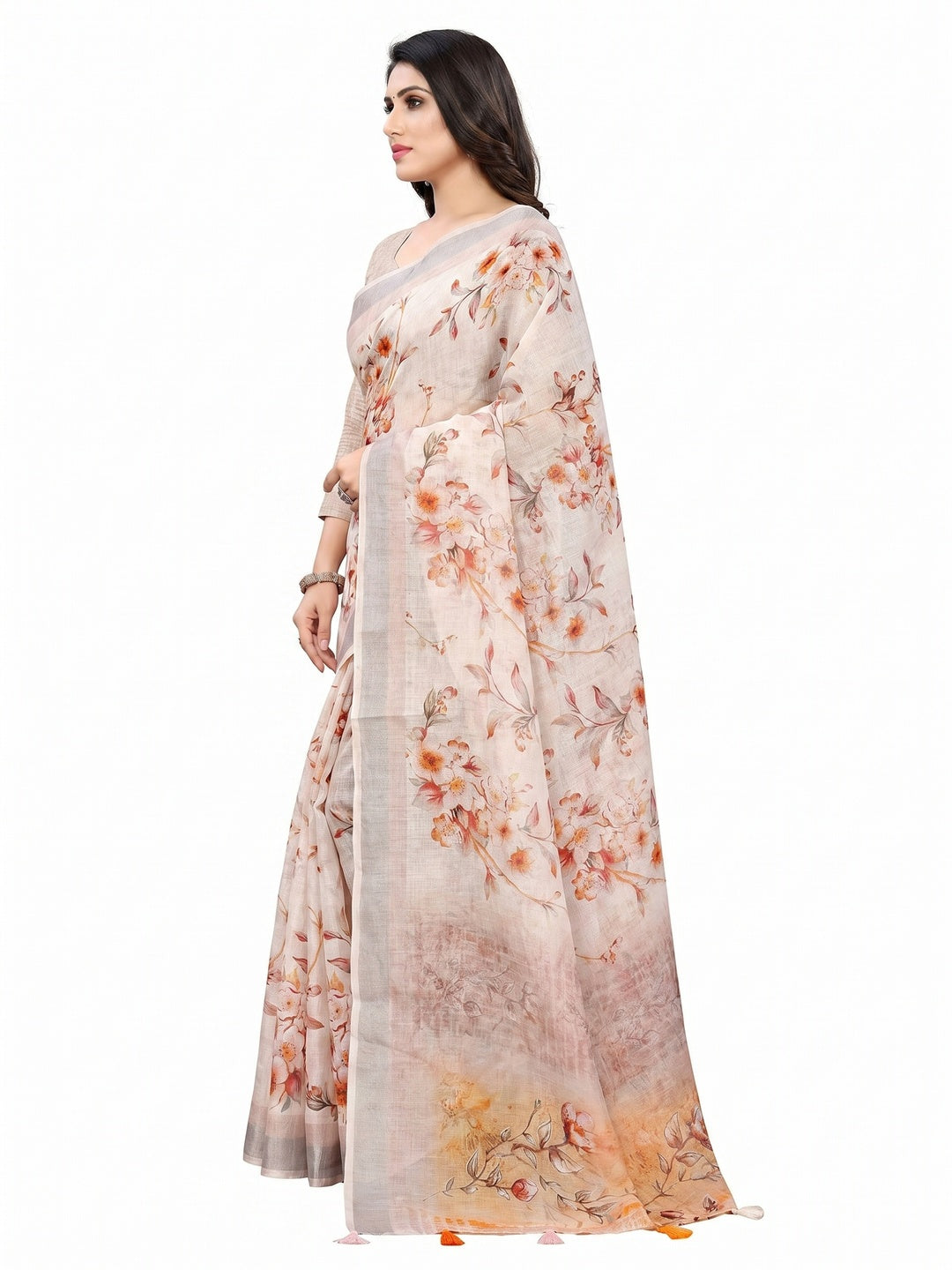 Cream Printed Linen Saree - Image 2