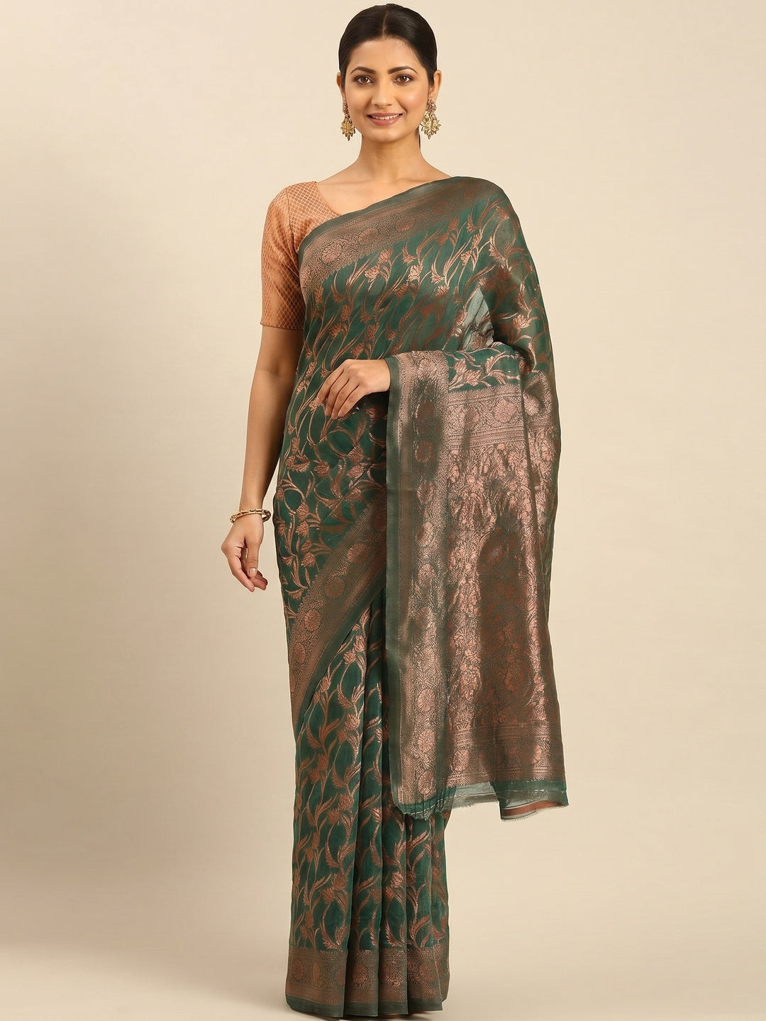 Rama Green Floral Woven Cotton Silk Saree - Image 1