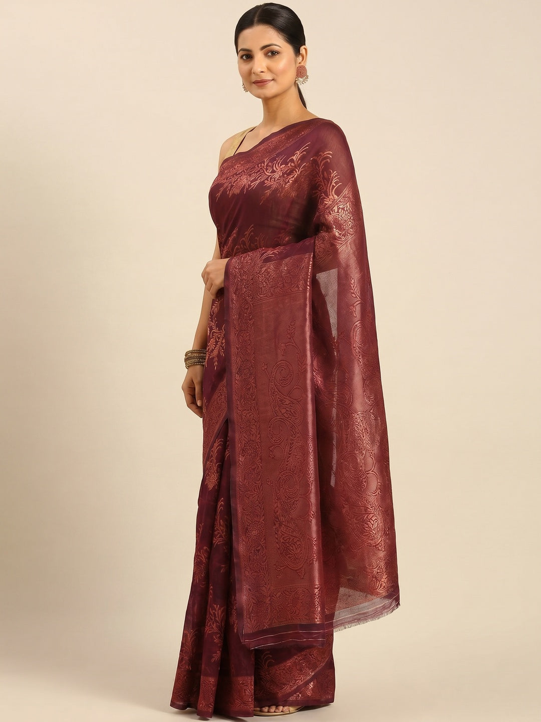 Wine Floral Woven Cotton Silk Saree - Image 3