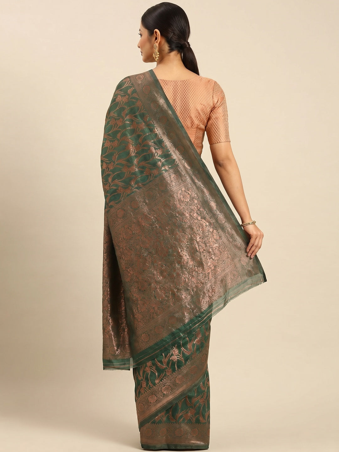 Rama Green Floral Woven Cotton Silk Saree - Image 2