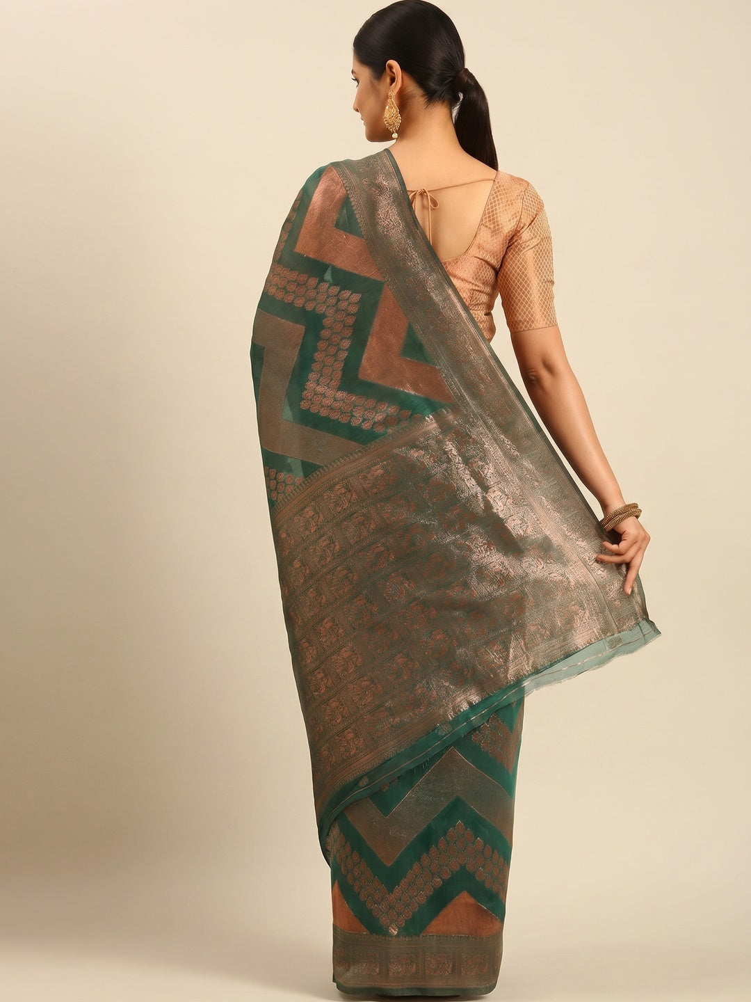Green Floral Woven Cotton Silk Saree - Image 3
