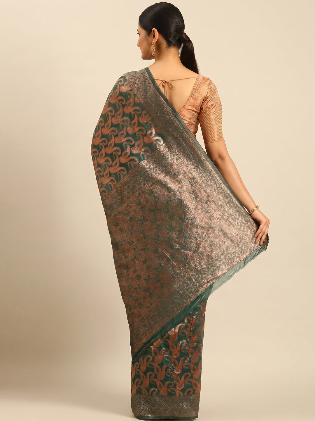 Green Floral Woven Cotton Silk Saree - Image 3