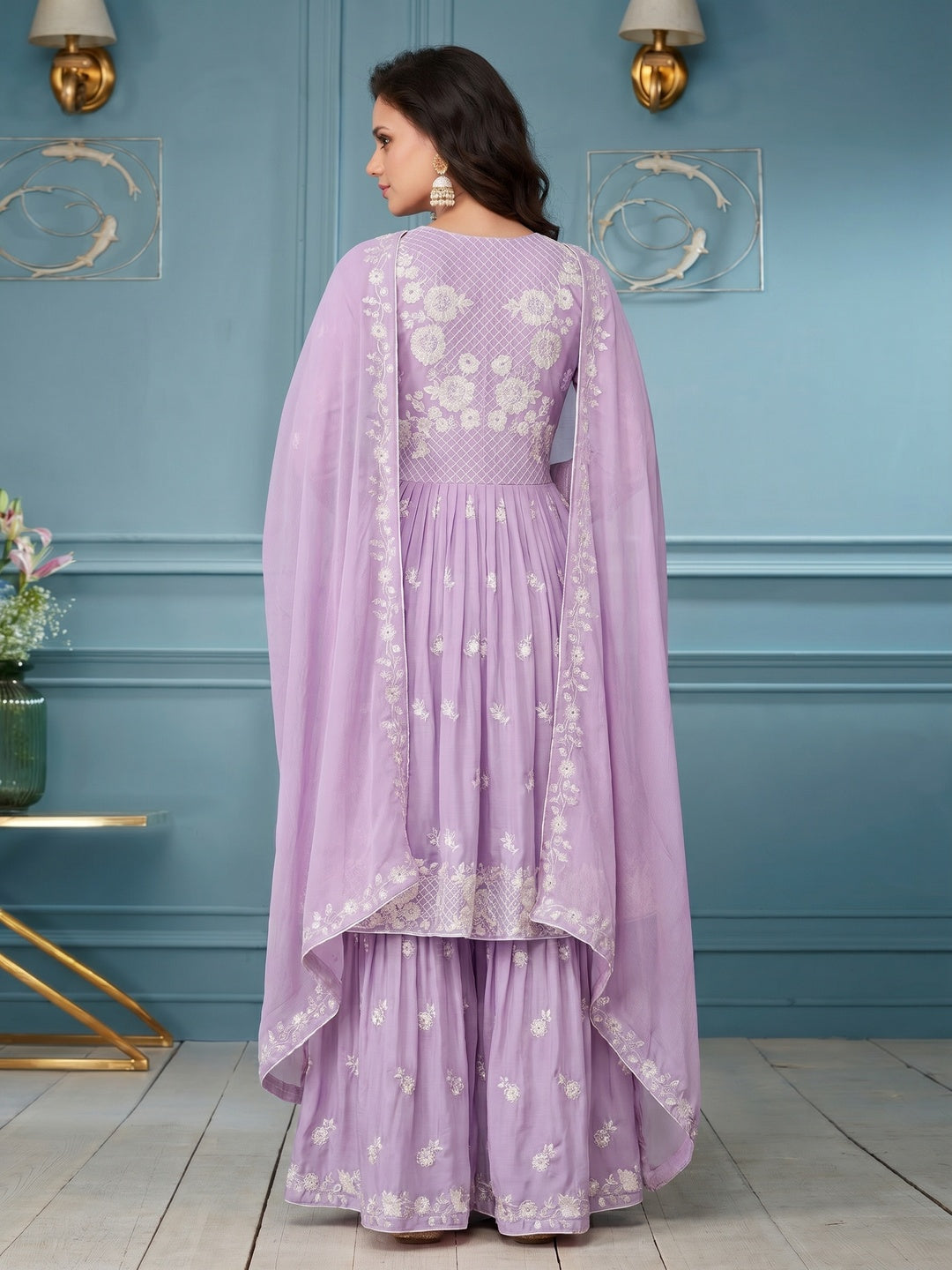 Lavender Lucknowi Embroidered Rayon Palazzo Suit - Image 1