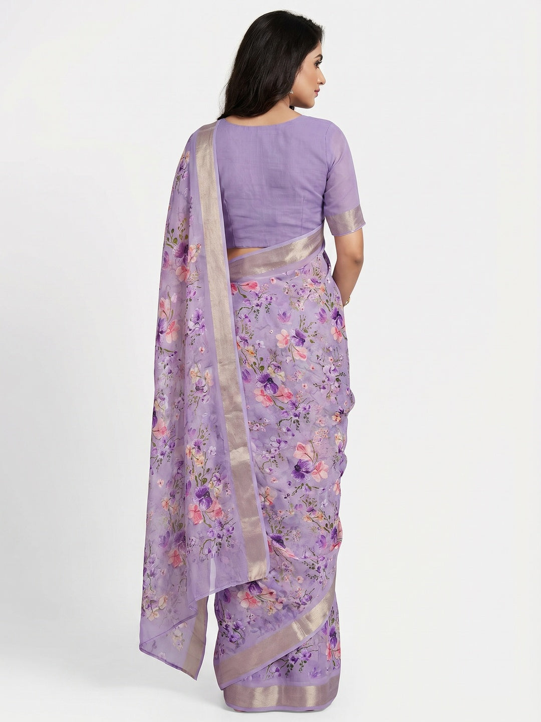 Light Purple Floral Digital Printed Moss Georgette Saree With Zari Border - Image 2