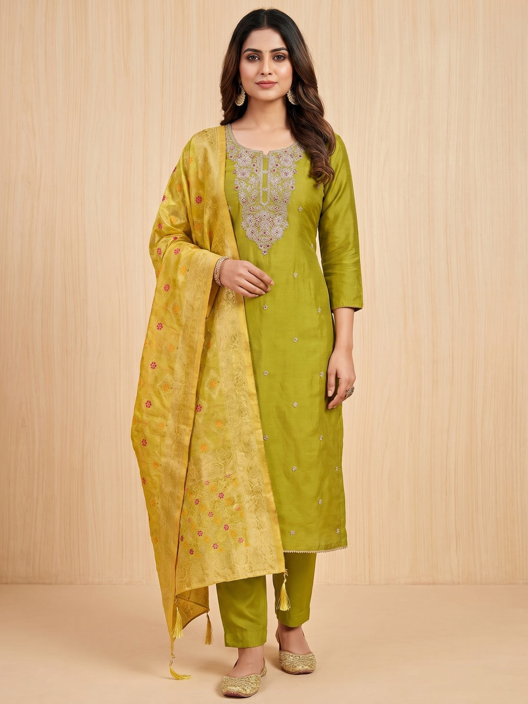 Green Floral Sequins Embroidered Roman Cotton Silk Dress Material - Image 1