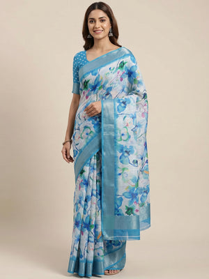 Blue Floral Digital Printed Linen Saree - Image 1