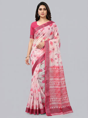 Pink Floral Digital Printed Linen Saree - Image 1