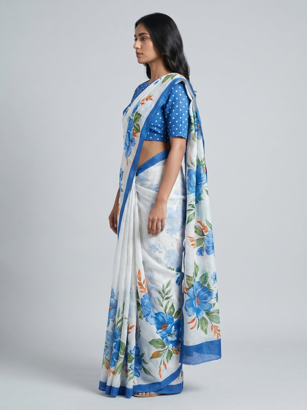 Blue Floral Digital Printed Linen Saree - Image 3