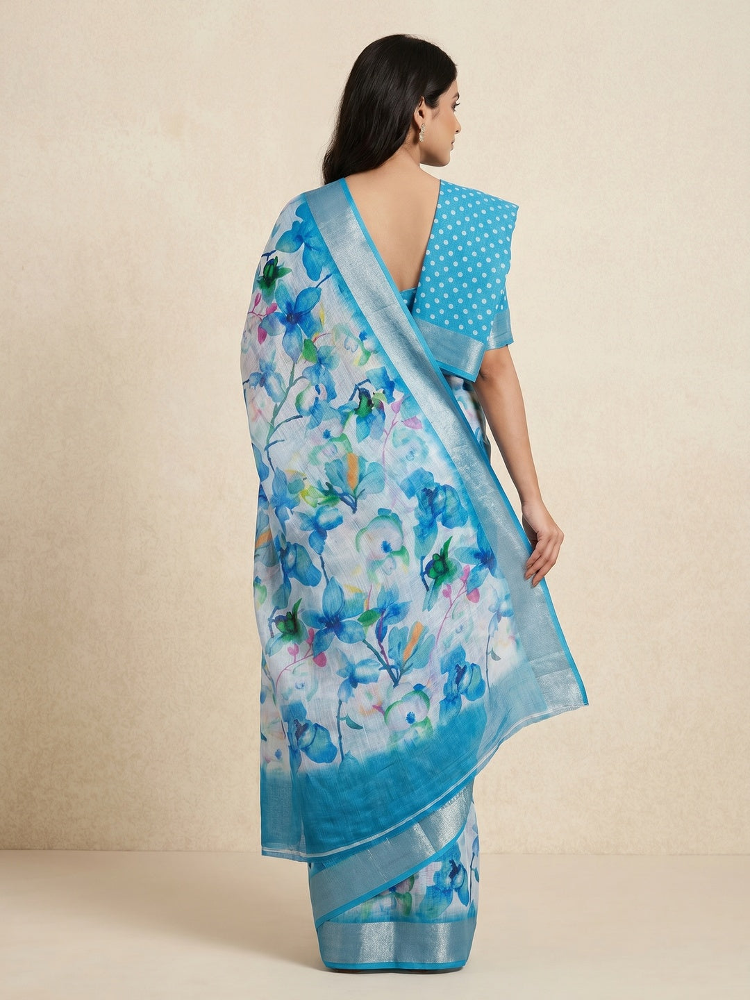 Blue Floral Digital Printed Linen Saree - Image 2