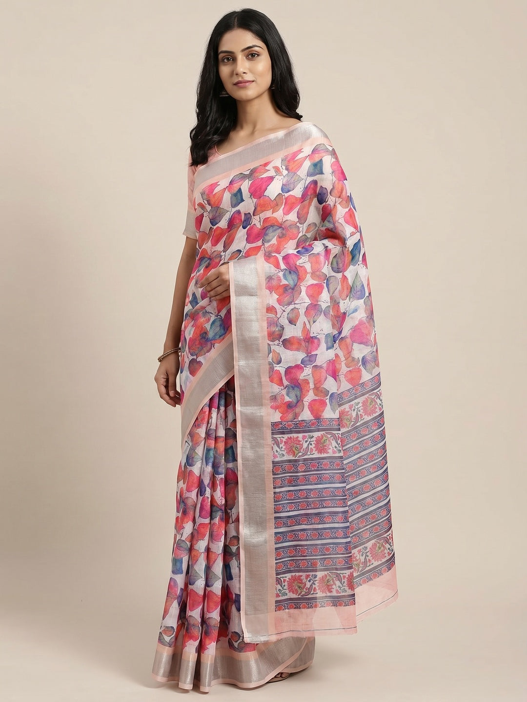 Multicolor Floral Digital Printed Linen Saree - Image 1
