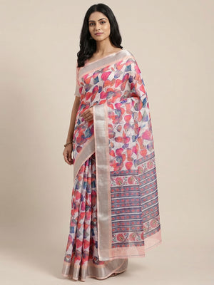 Multicolor Floral Digital Printed Linen Saree - Image 1