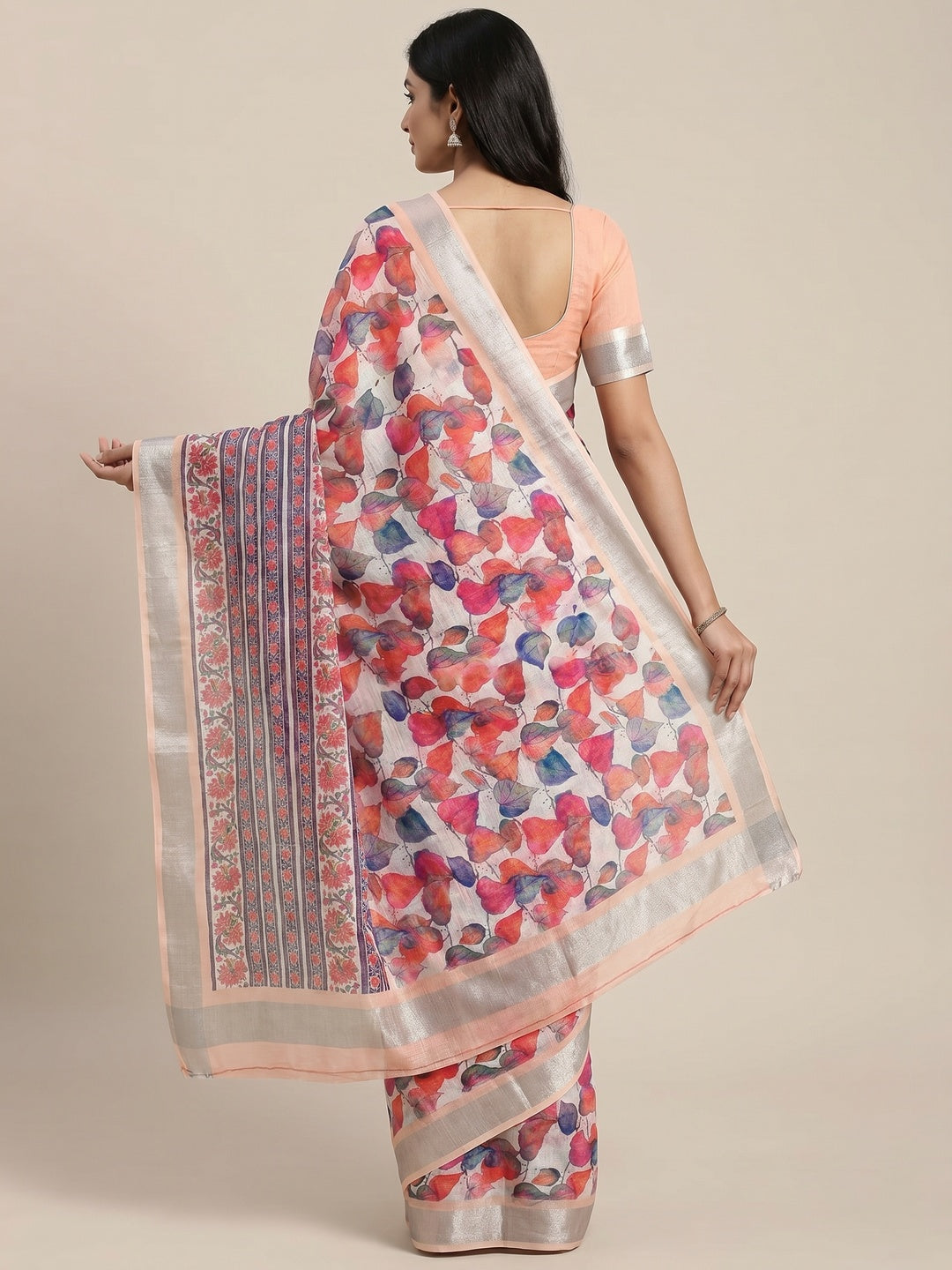 Multicolor Floral Digital Printed Linen Saree - Image 4