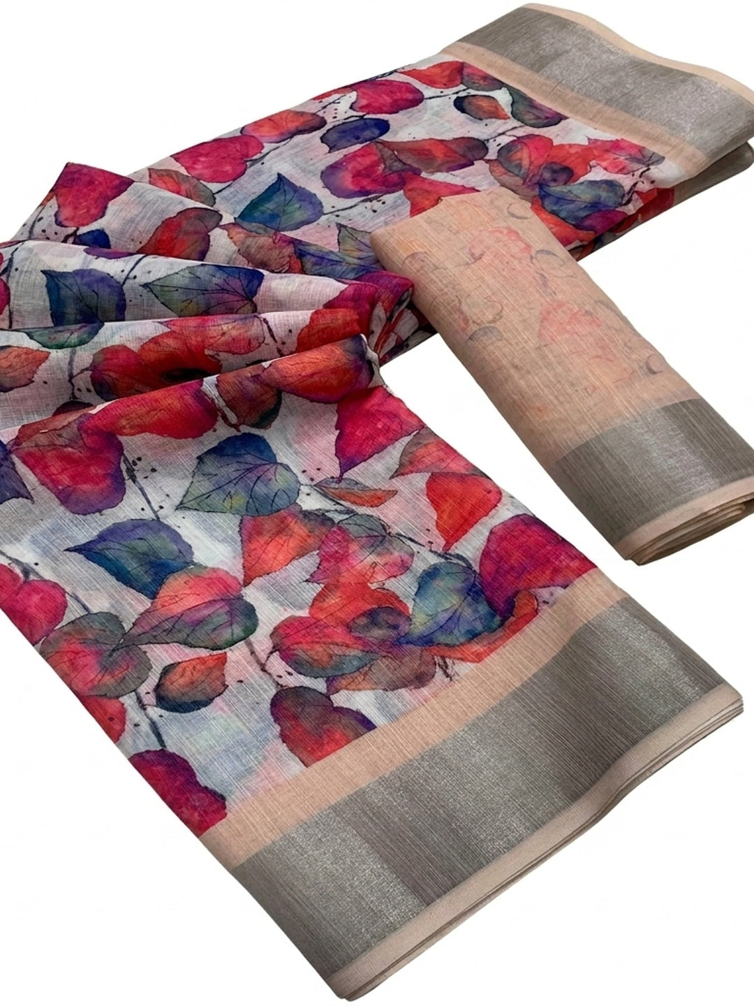 Multicolor Floral Digital Printed Linen Saree - Image 3