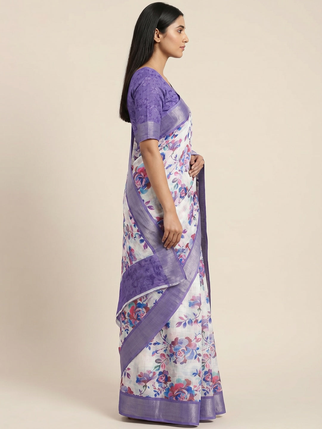 Offwhite & Purple Floral Digital Printed Linen Saree - Image 3
