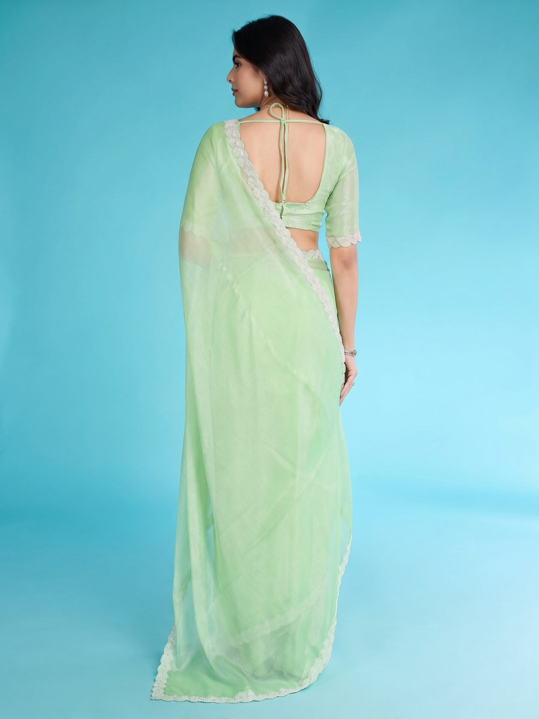 Green Solid With Zarkan & Ceramic Pearl Diamond Lace Tissue Saree - Image 1