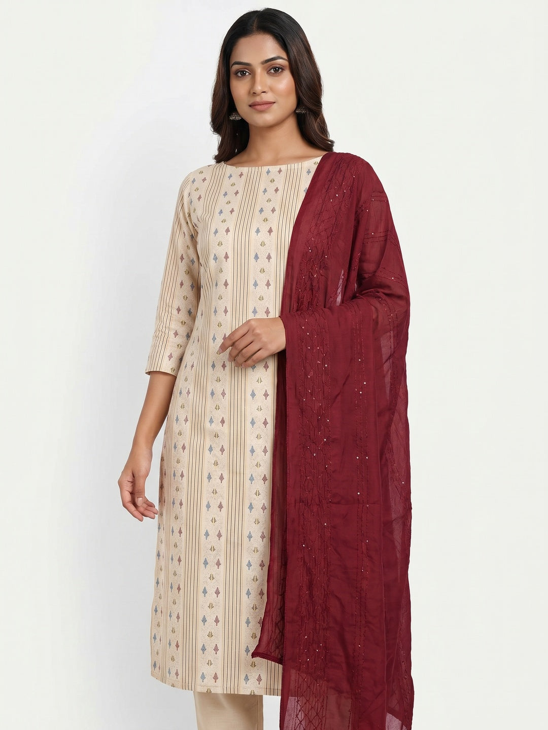 Cream Woven Pure Cotton Dress Material - Image 1