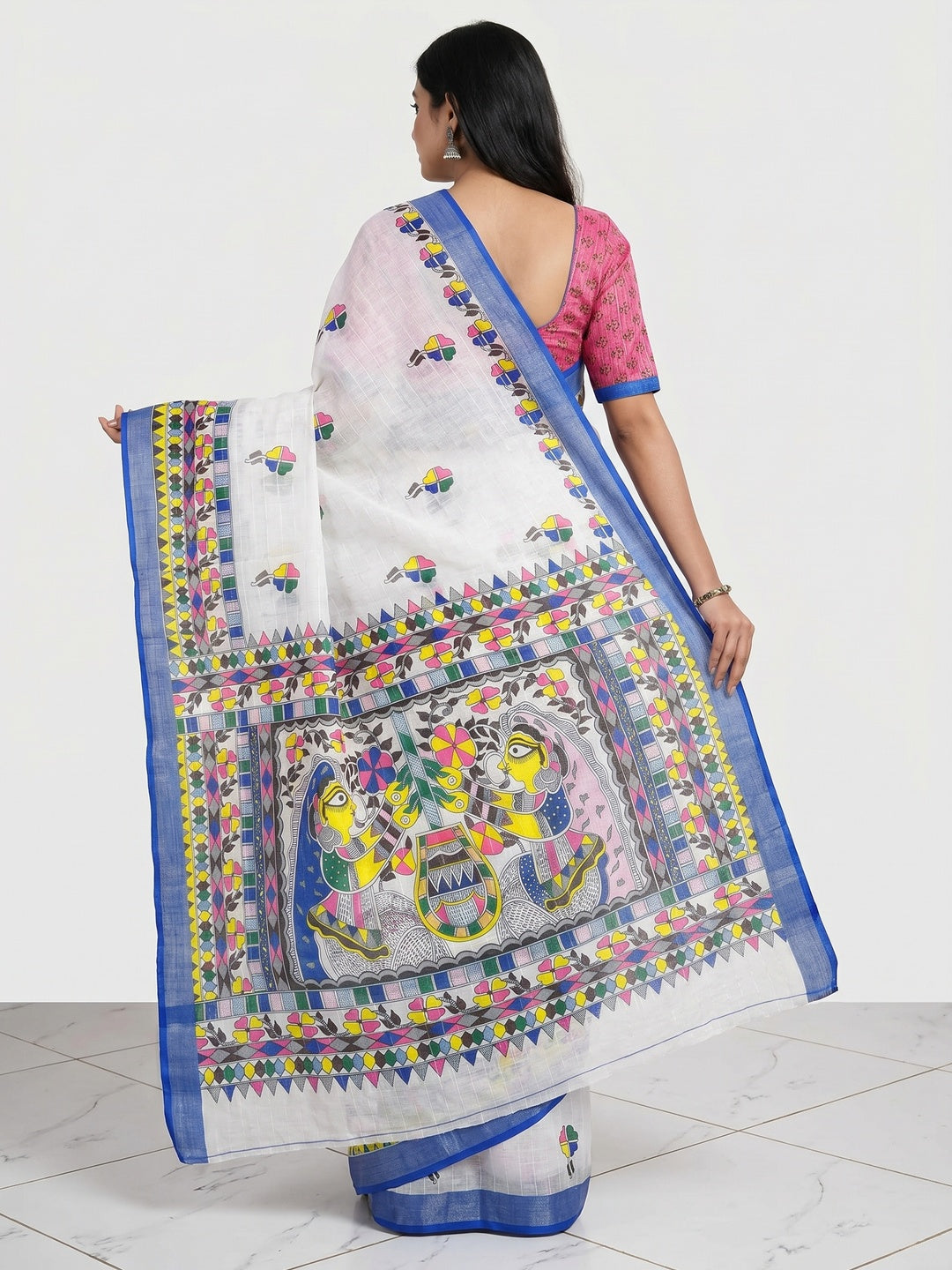 White & Blue Digital Printed Linen Saree - Image 3