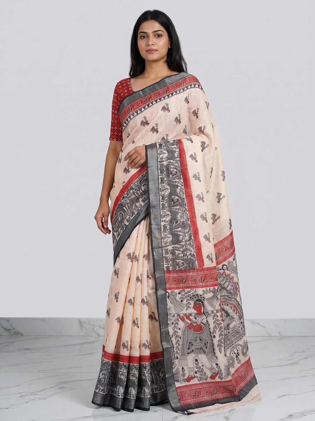 Cream Digital Printed Linen Saree - Image 1