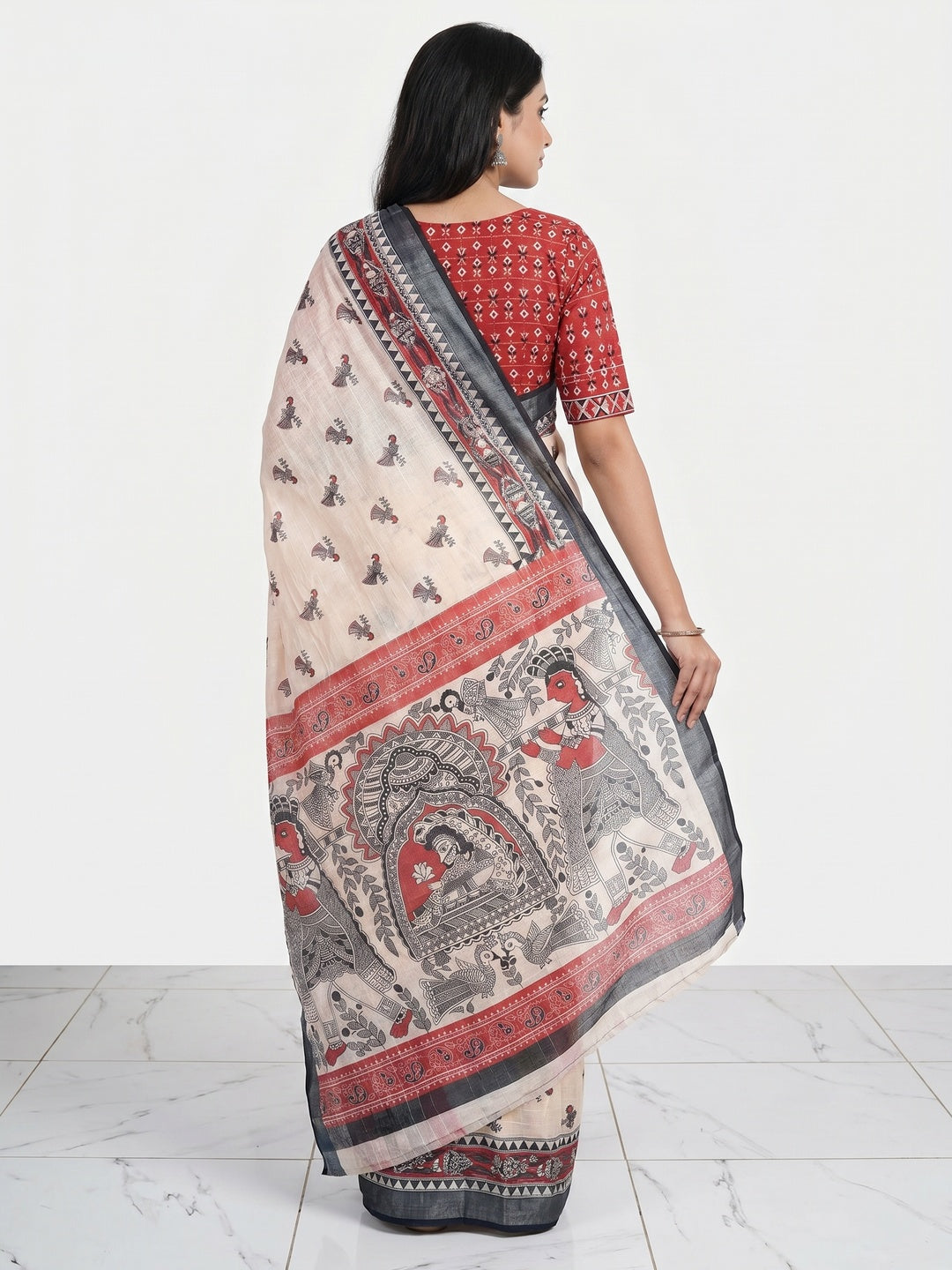 Cream Digital Printed Linen Saree - Image 2