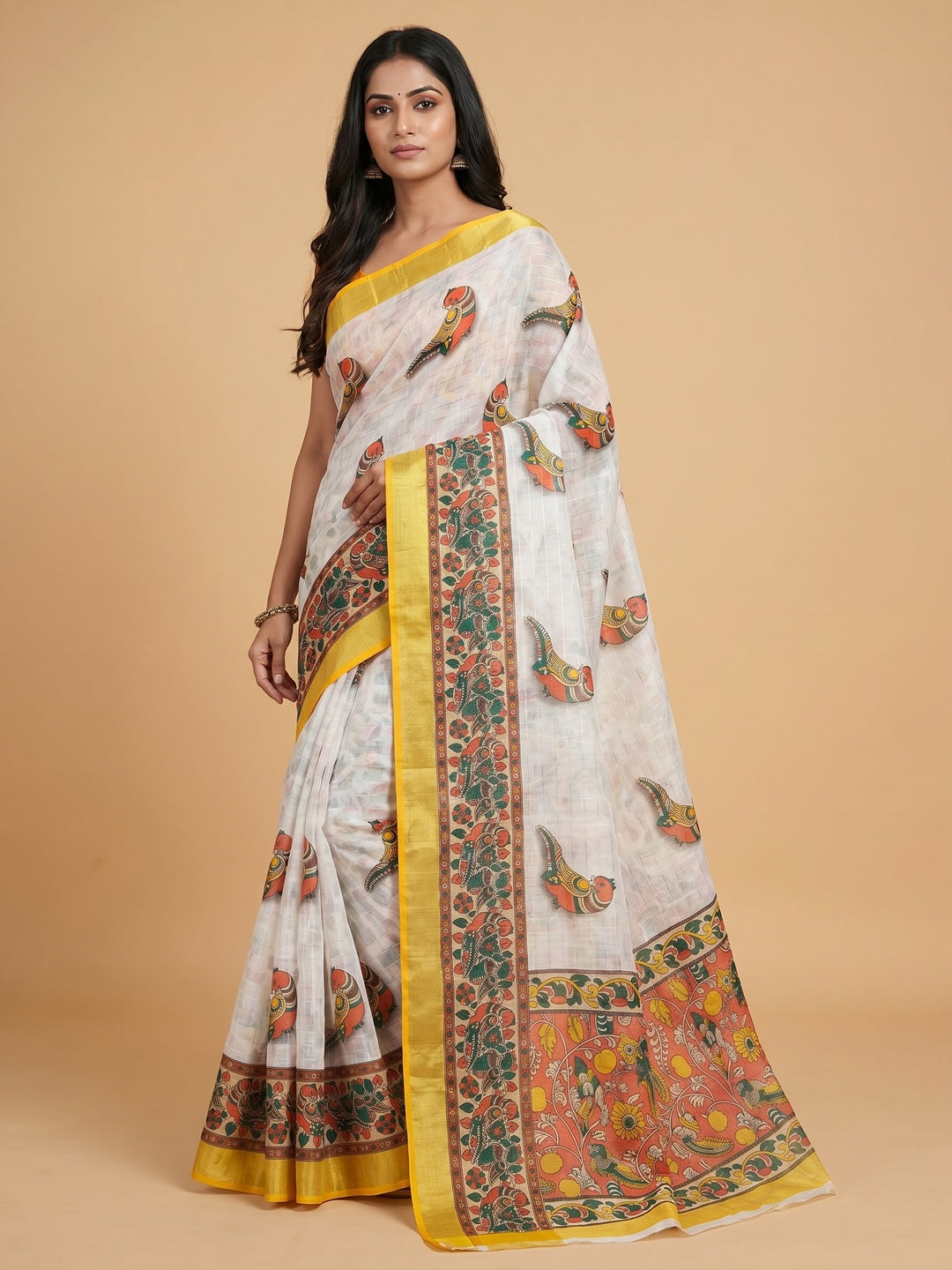 White & Yellow Digital Printed Linen Saree - Image 1