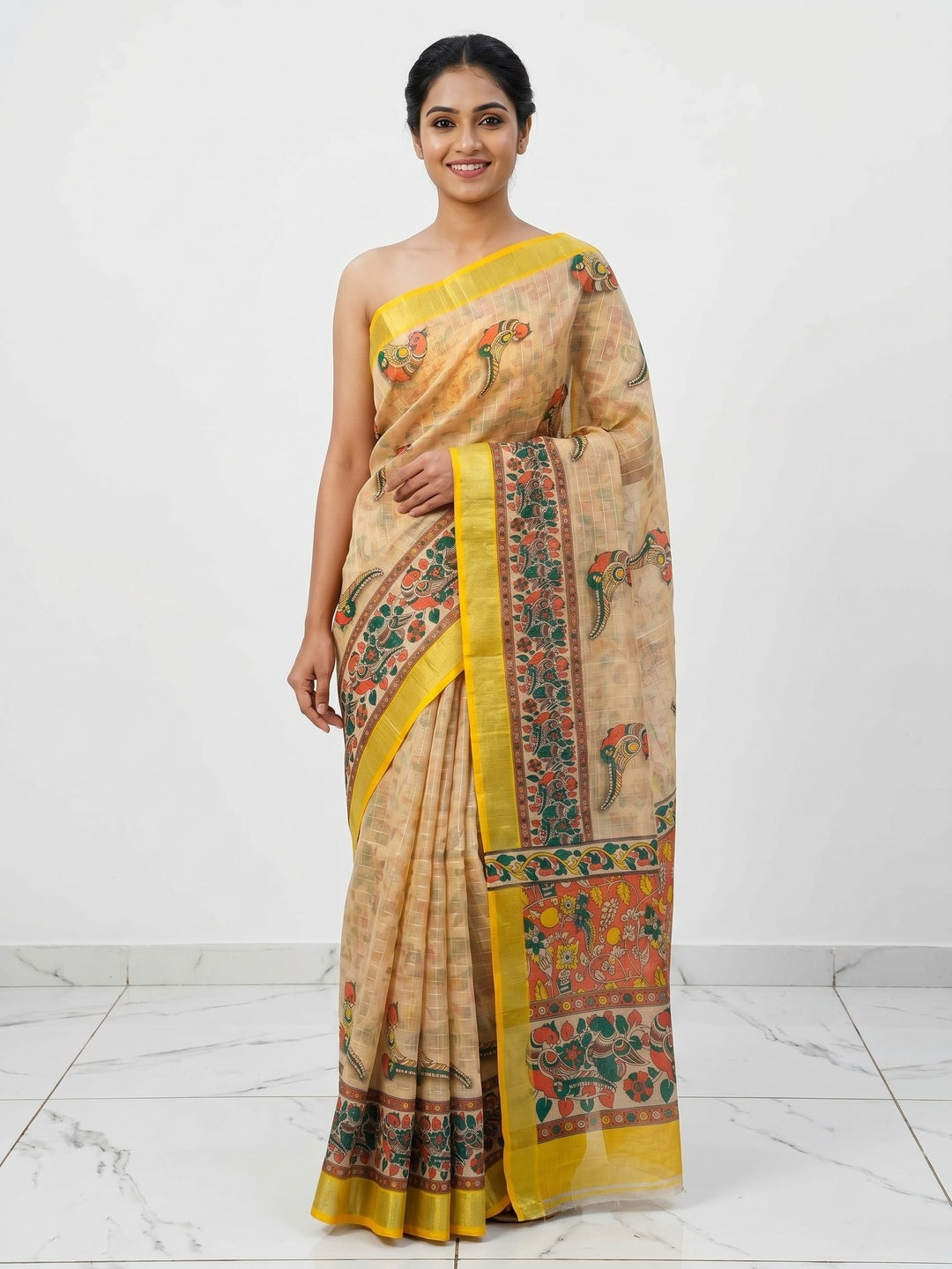 Chikoo Digital Printed Linen Saree - Image 1