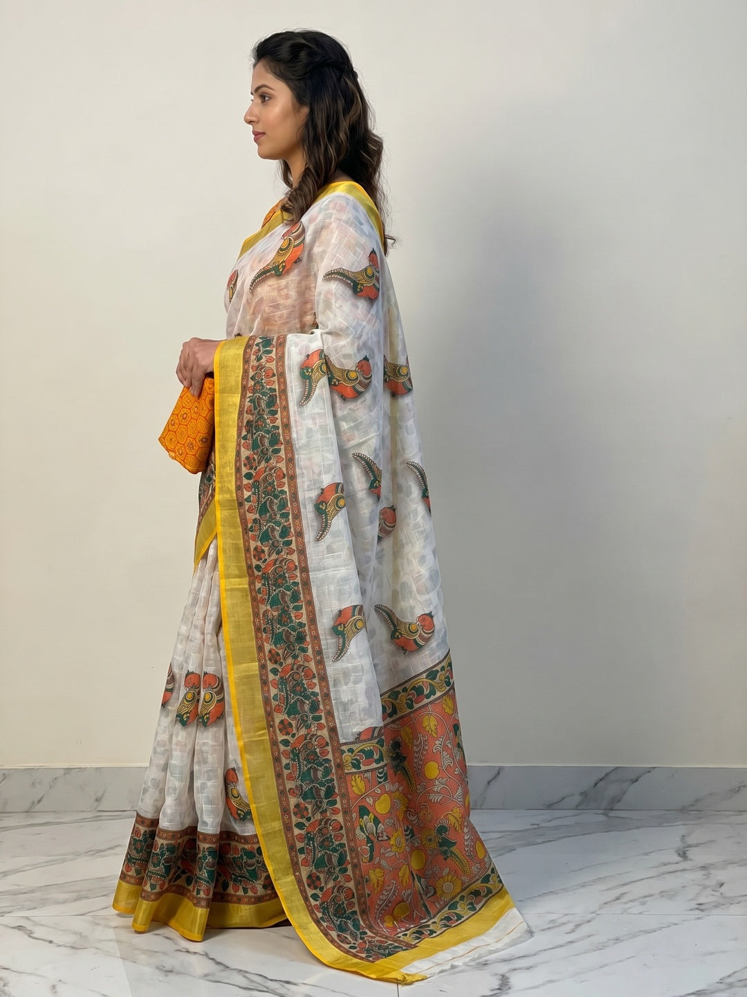 White & Yellow Digital Printed Linen Saree - Image 3