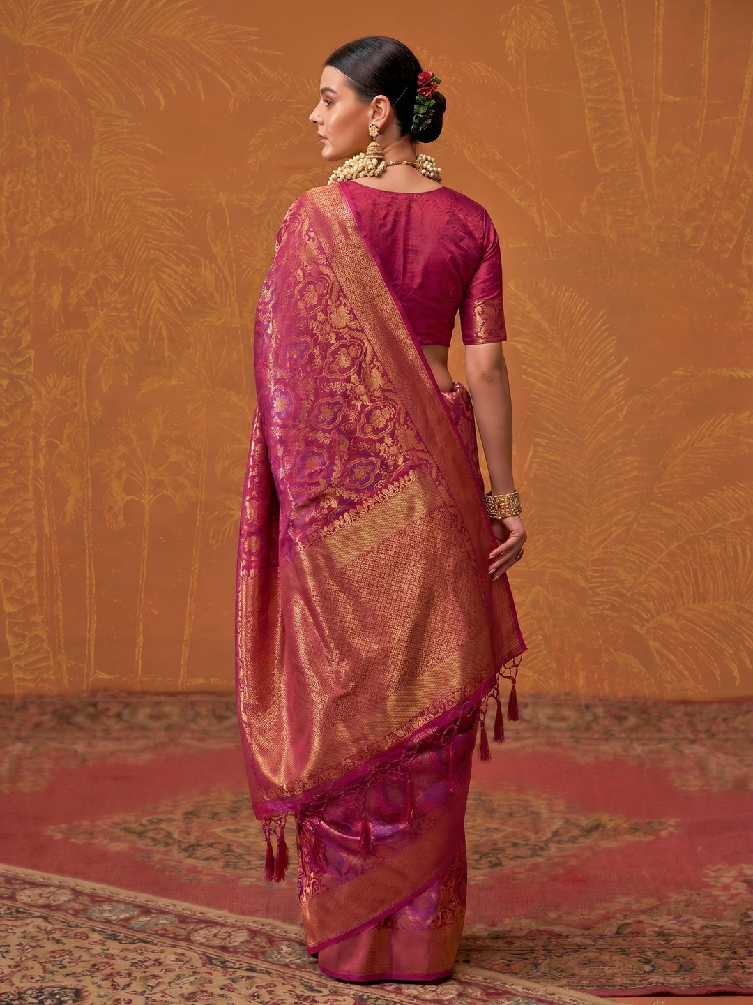 Magenta Zari Weaving Art Silk Saree With Tassels - Image 1