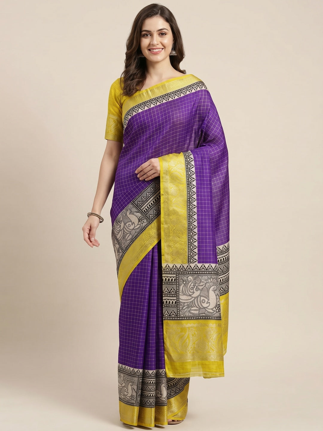 Purple & Yellow Zari Woven Dola Silk Saree - Image 1