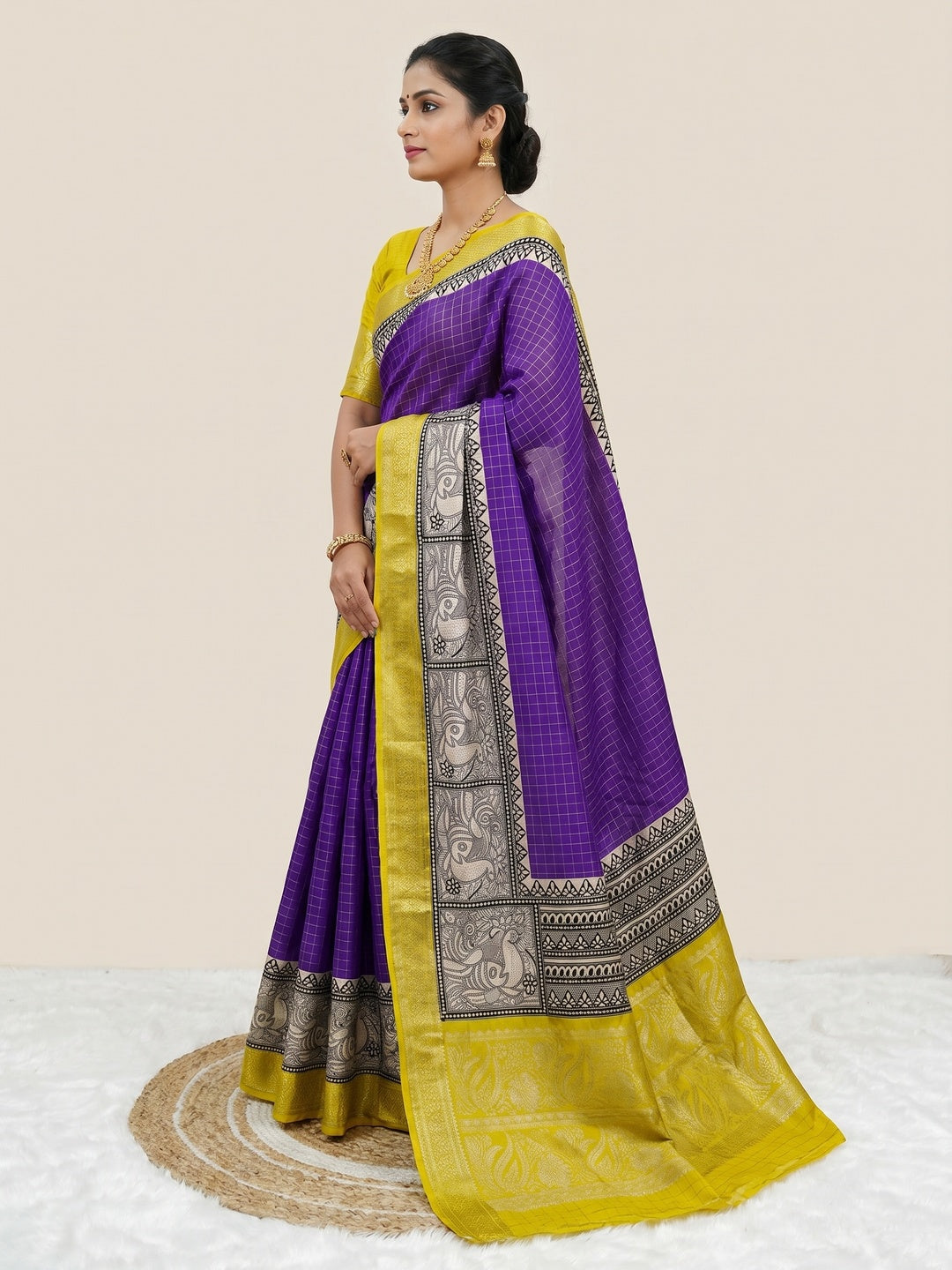 Purple & Yellow Zari Woven Dola Silk Saree - Image 3