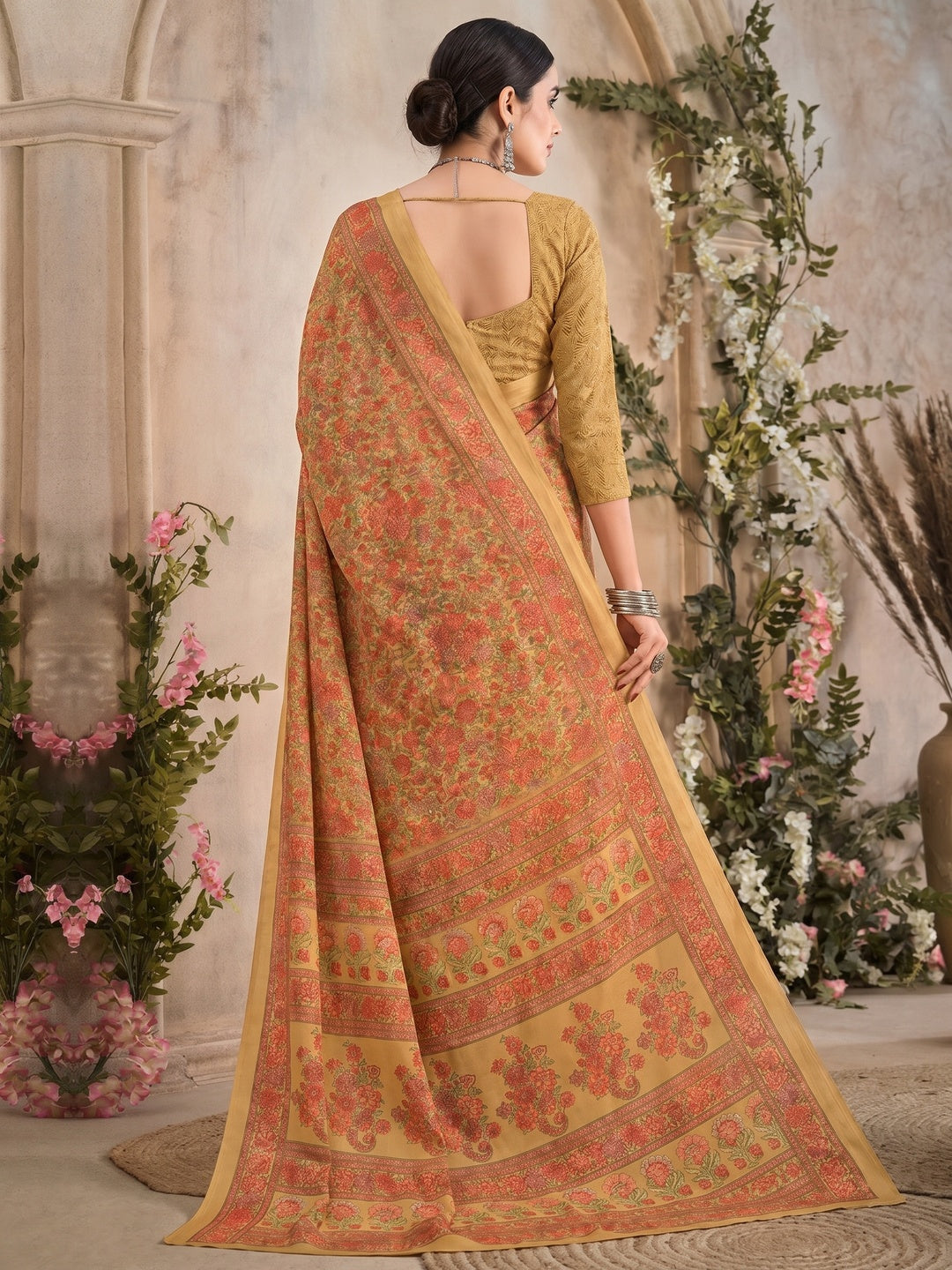 Mustard Crepe Silk Floral Printed Saree - Image 2