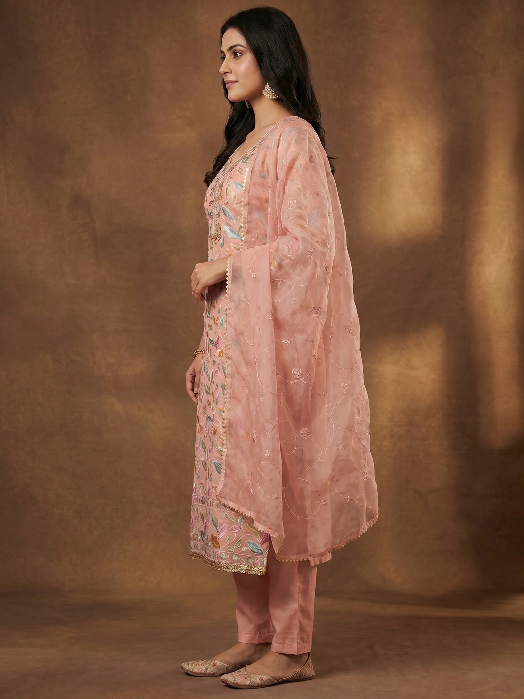 Peach Floral Printed With Hand Embroidered Organza Dress Material - Image 3