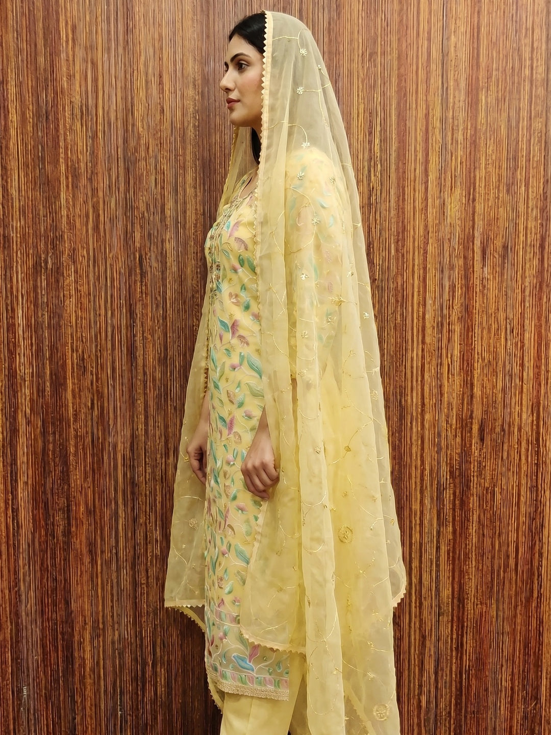 Yellow Floral Printed With Hand Embroidered Organza Dress Material - Image 2
