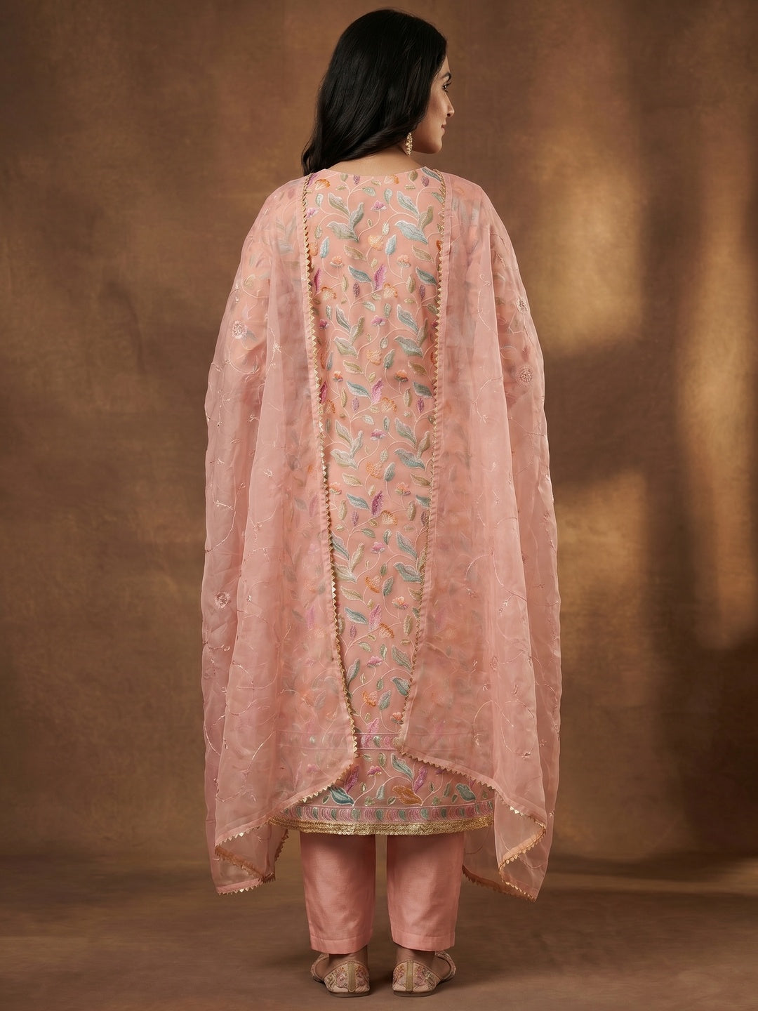 Peach Floral Printed With Hand Embroidered Organza Dress Material - Image 2
