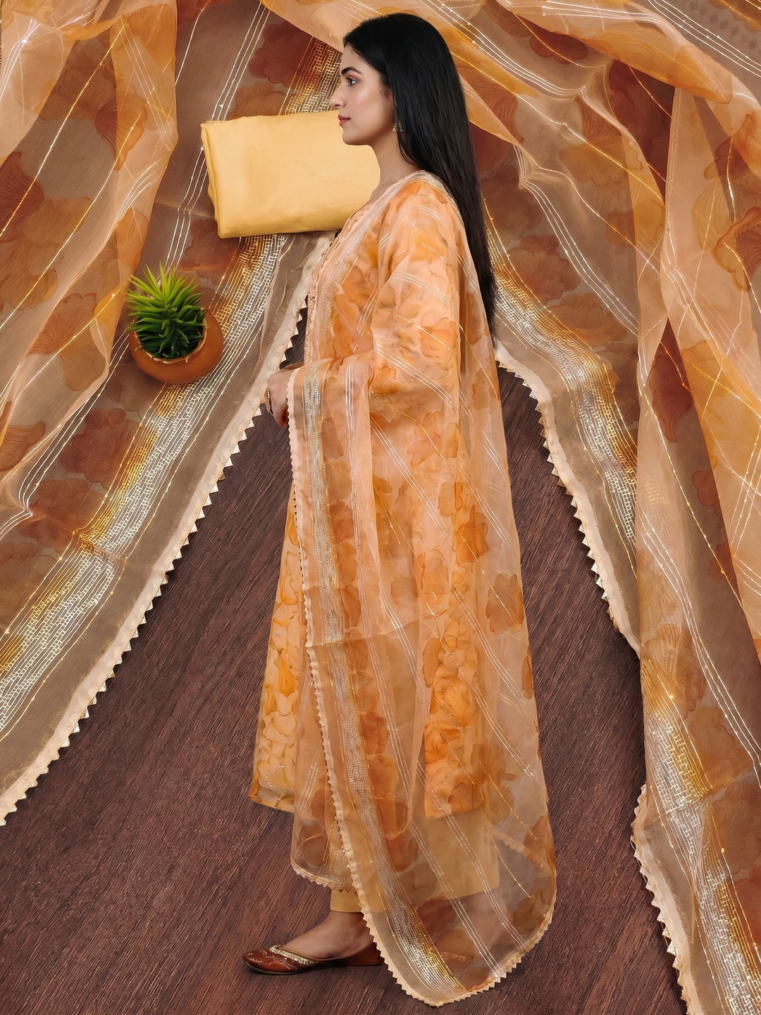 Peach Floral Print With Sequins Embroidered Organza Dress Material - Image 3