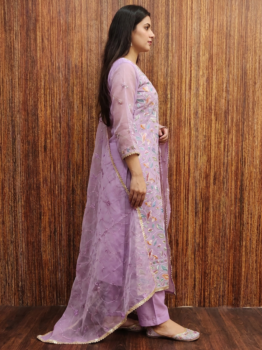 Light Purple Floral Printed With Hand Embroidered Organza Dress Material - Image 3