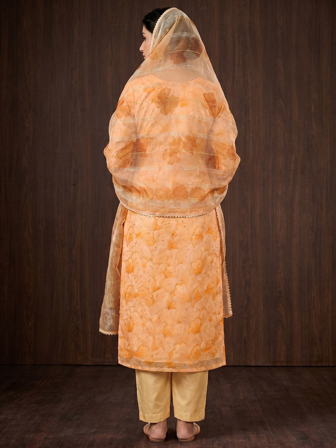 Peach Floral Print With Sequins Embroidered Organza Dress Material - Image 2