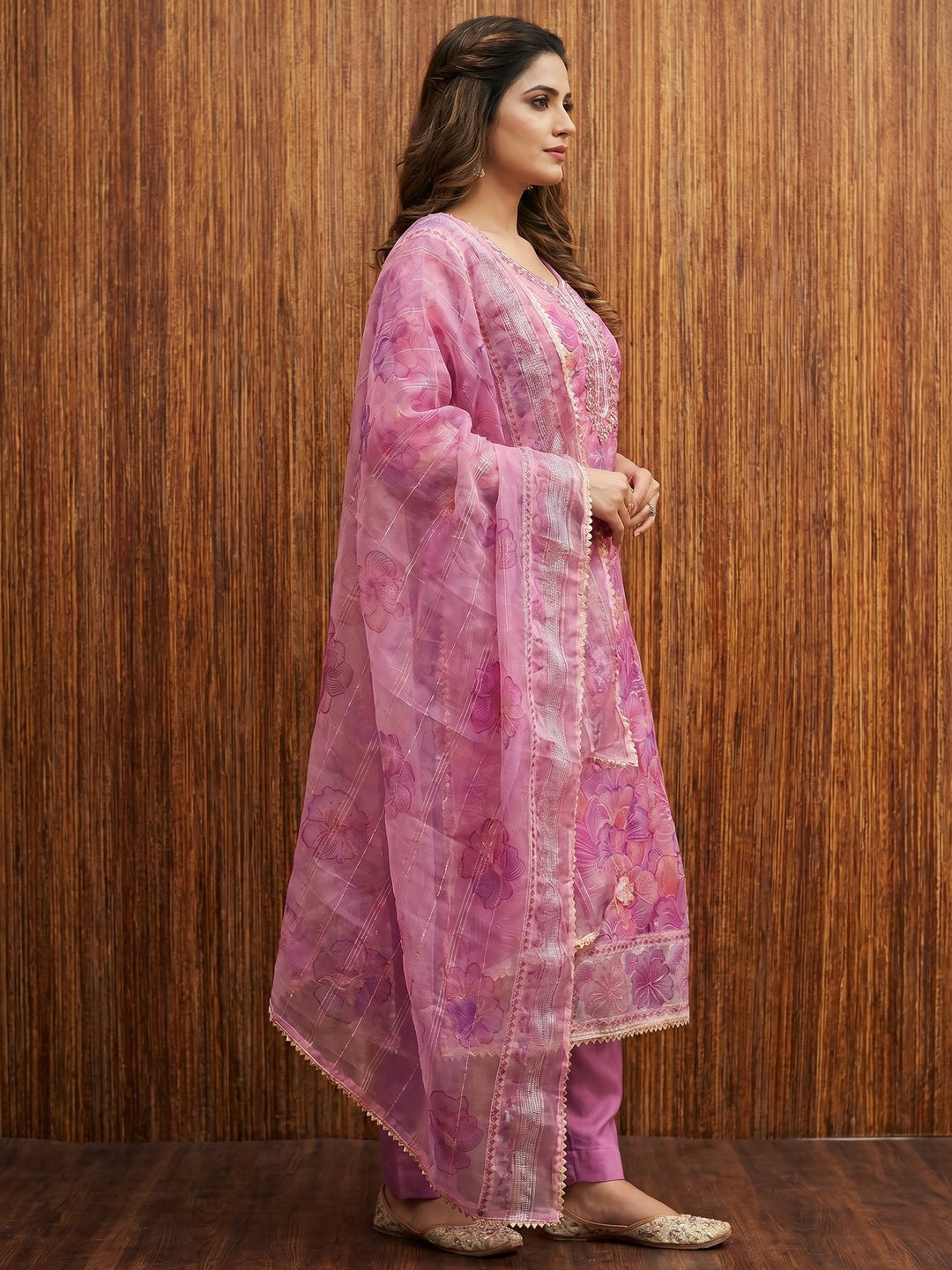Purple Floral Print With Sequins Embroidered Organza Dress Material - Image 2