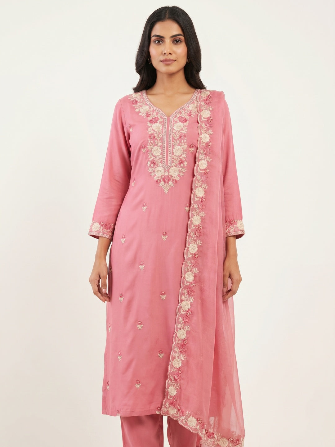Pink Floral Embroidered Viscose Dress Material - Image 1