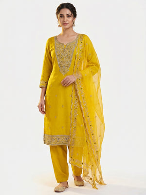 Yellow Floral Embroidered Viscose Dress Material - Image 1