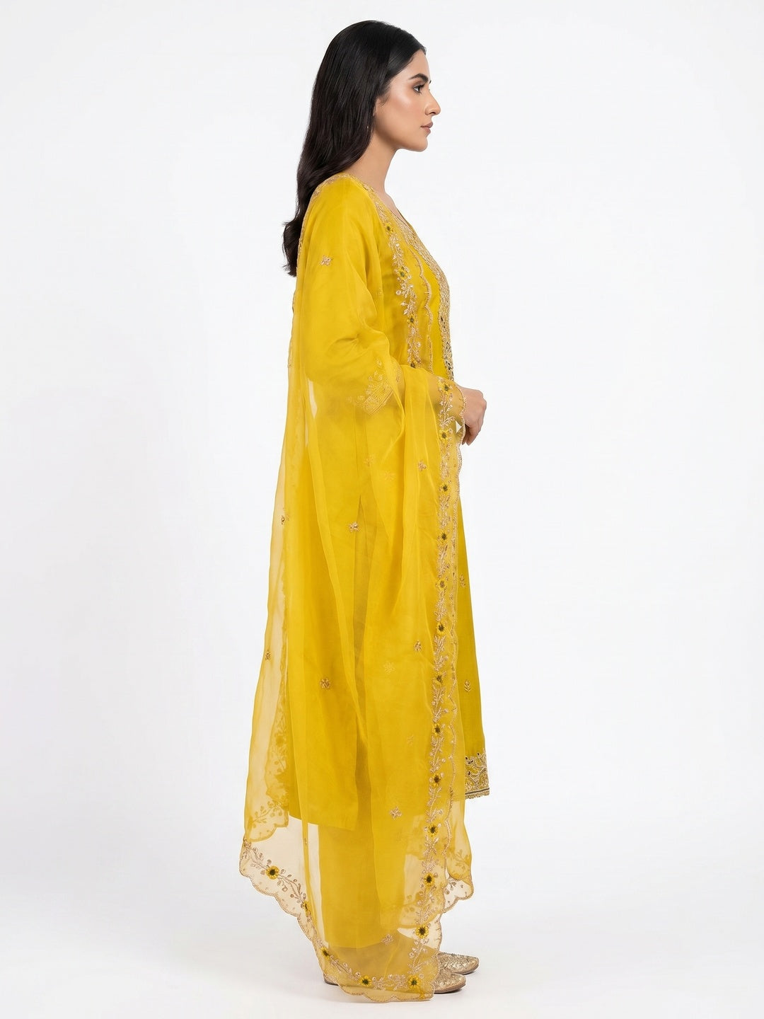 Yellow Floral Embroidered Viscose Dress Material - Image 2