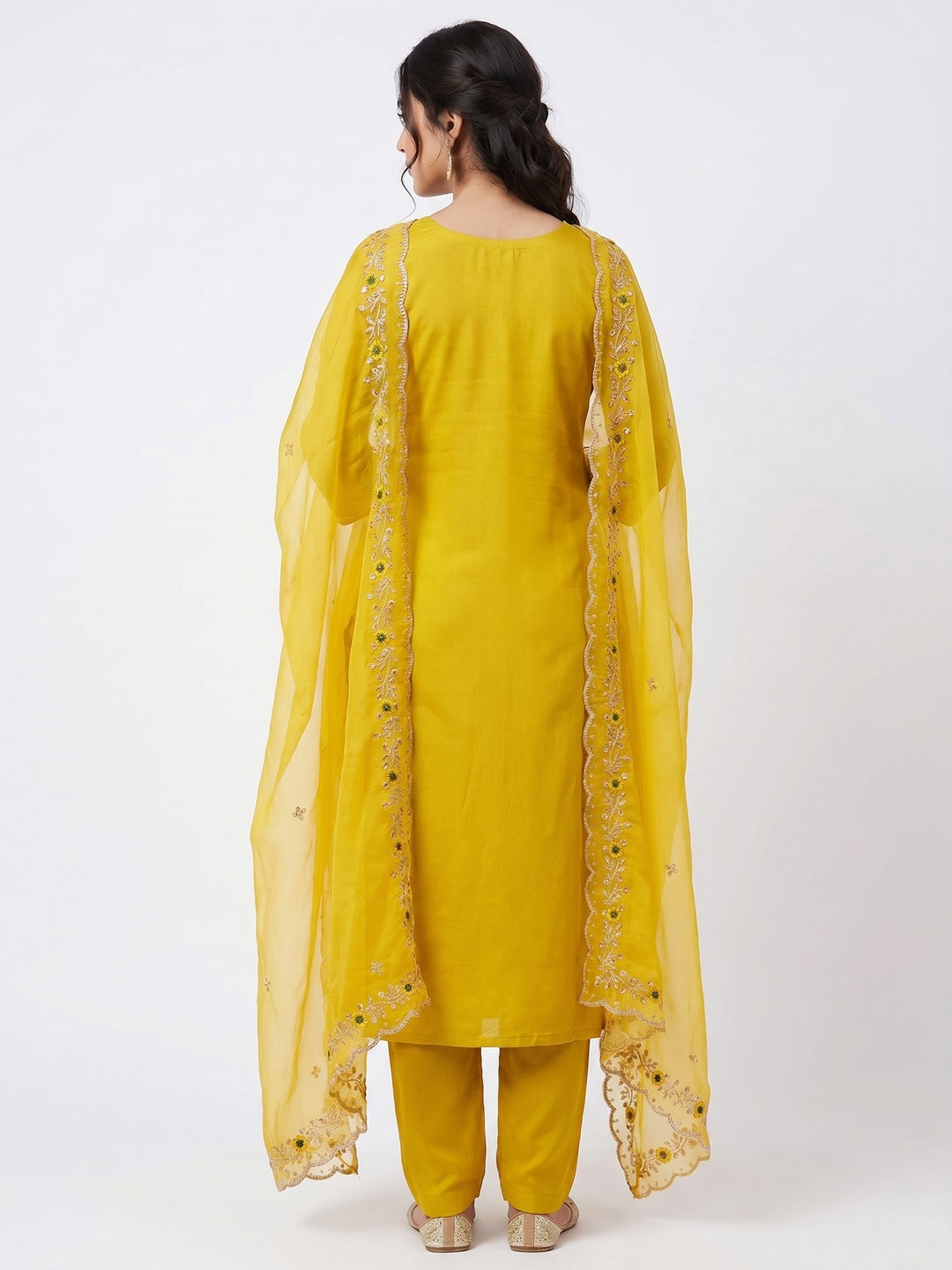Yellow Floral Embroidered Viscose Dress Material - Image 3