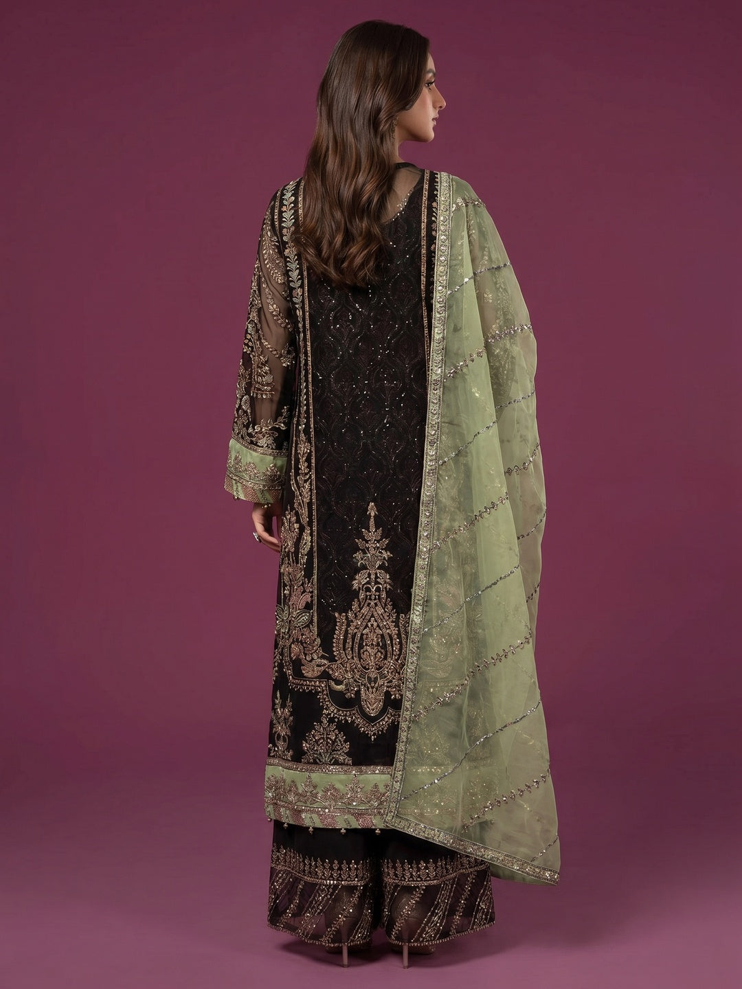 Black & Green Embroidered Georgette Semi Stitched Pakistani Suit - Image 1