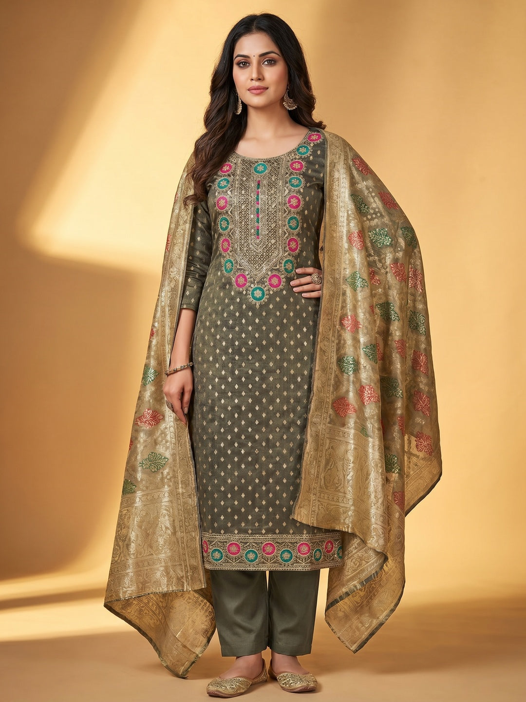 Grey Woven With Sequins Work Jacquard Dress Material - Image 1
