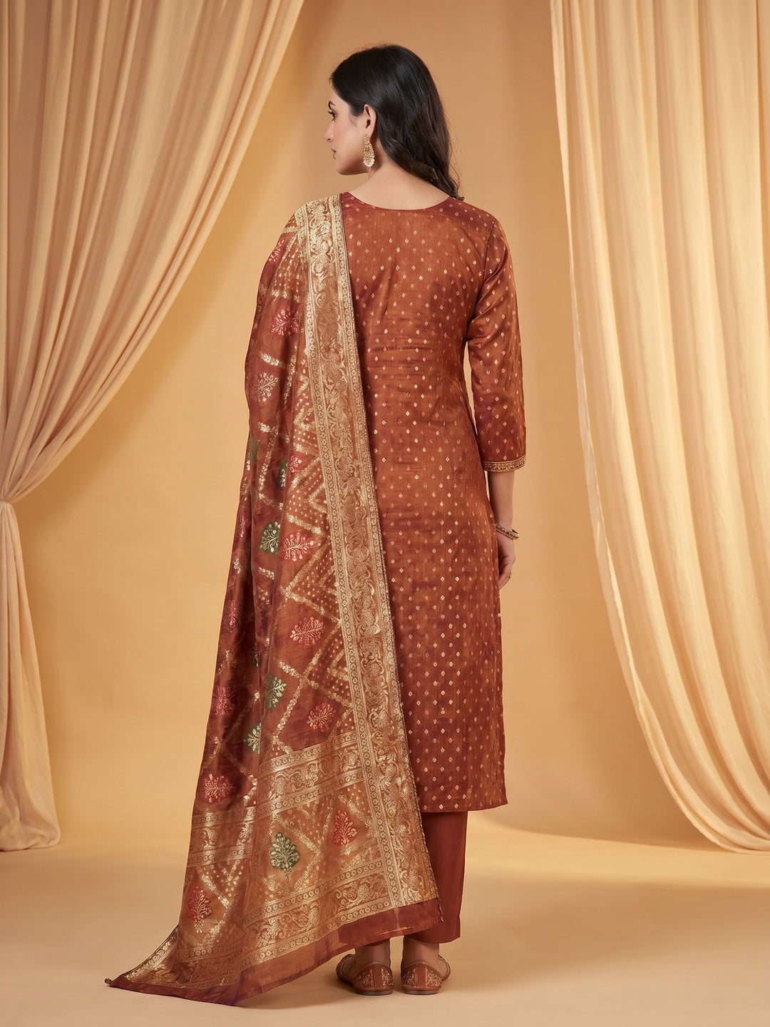 Rust Woven With Sequins Work Jacquard Dress Material - Image 3