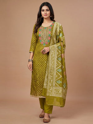 Mehendi Green Woven With Sequins Work Jacquard Dress Material - Image 1