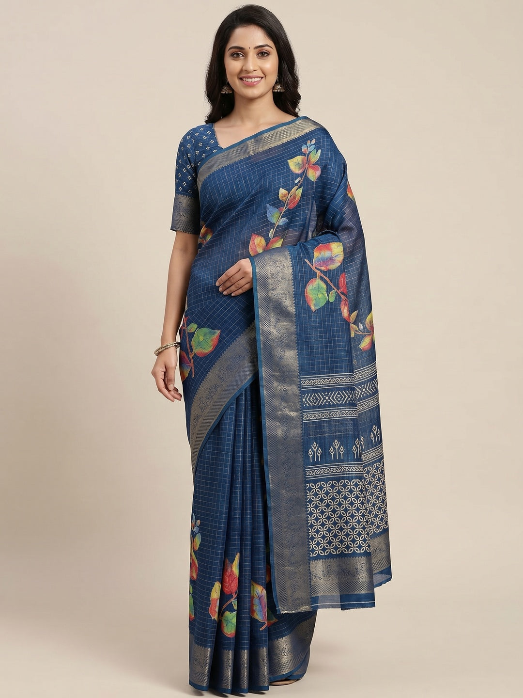 Blue Floral Printed With Woven Dola Silk Saree - Image 1