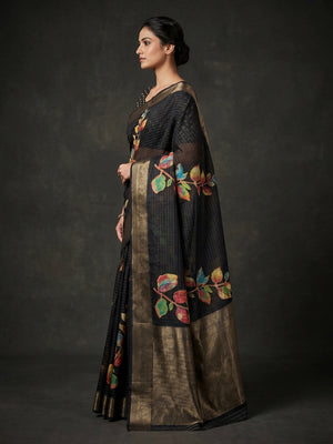 Black Floral Printed With Woven Dola Silk Saree - Image 2