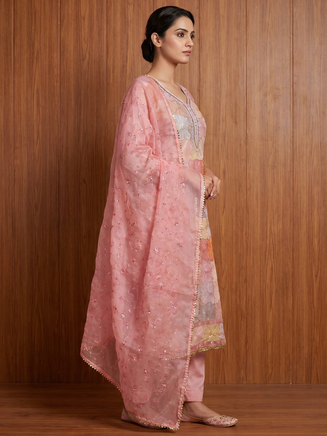 Pink Sequin Embroidery With Handwork Organza Dress Material - Image 2