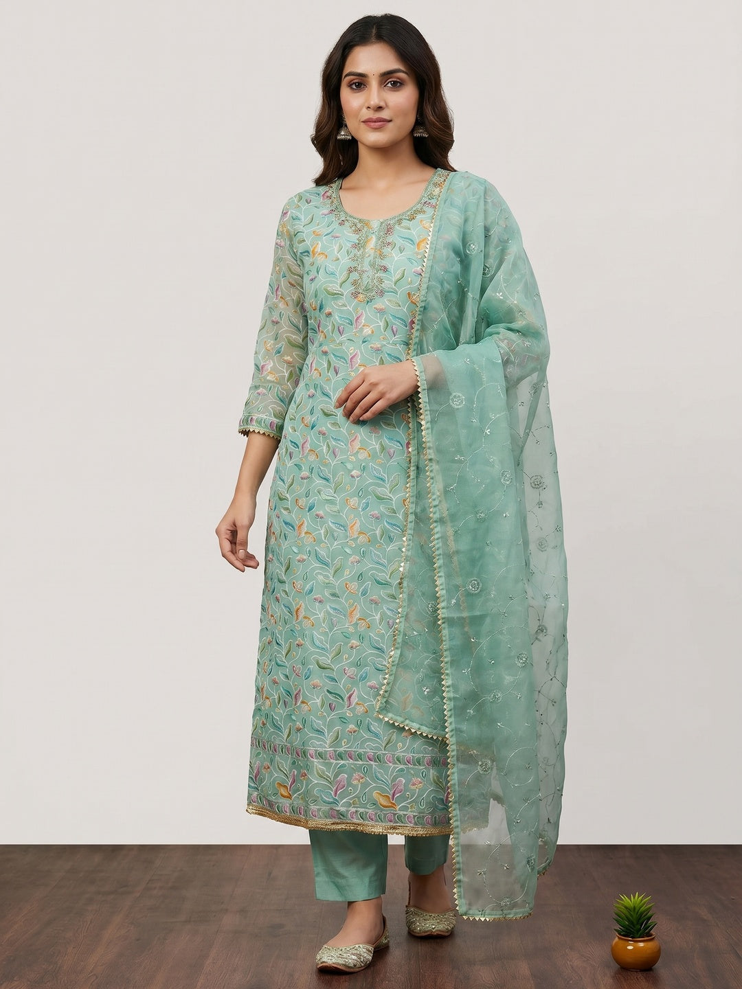 Turquoise Floral Printed With Hand Embroidered Organza Dress Material - Image 1