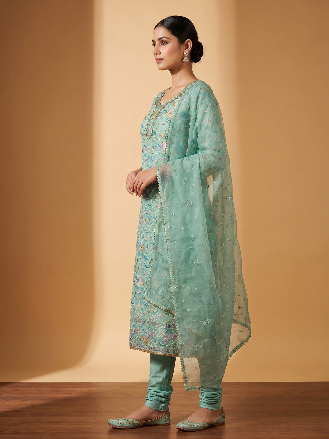 Turquoise Floral Printed With Hand Embroidered Organza Dress Material - Image 3